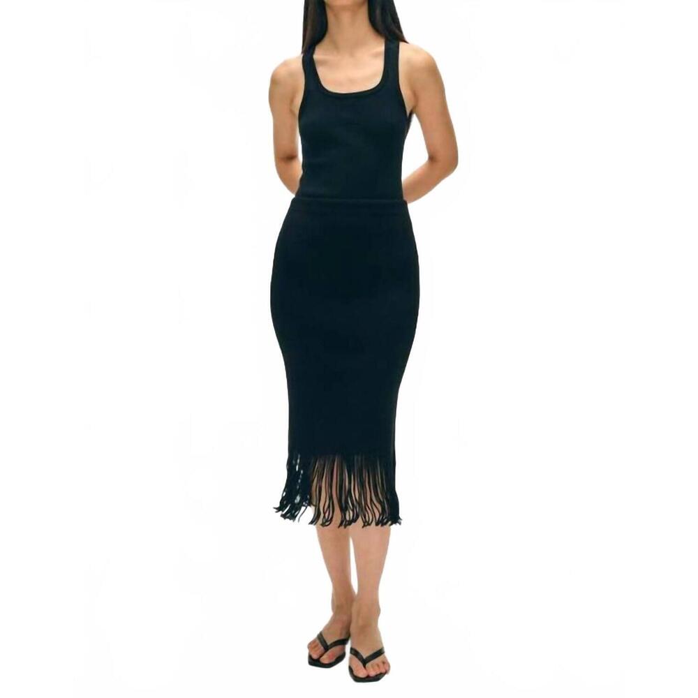 NEW WHITE + WARREN fringe ribbed skirt in black